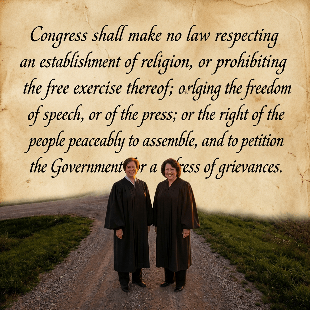 Two women in judicial robes stand at a rural gravel road intersection at sunset.