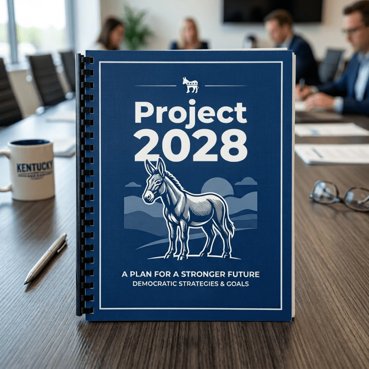 Blue booklet titled 'Agenda 2028' with a donkey illustration and subtitle about Democratic strategies and goals