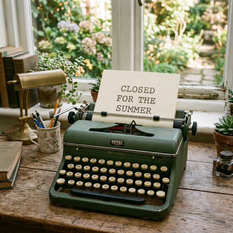 Green Royal typewriter with paper reading 'CLOSED FOR THE SUMMER' on wooden desk