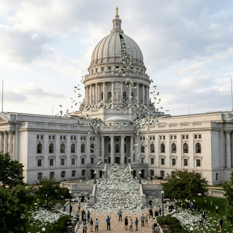 Government building with large amounts of money flowing out of dome and steps