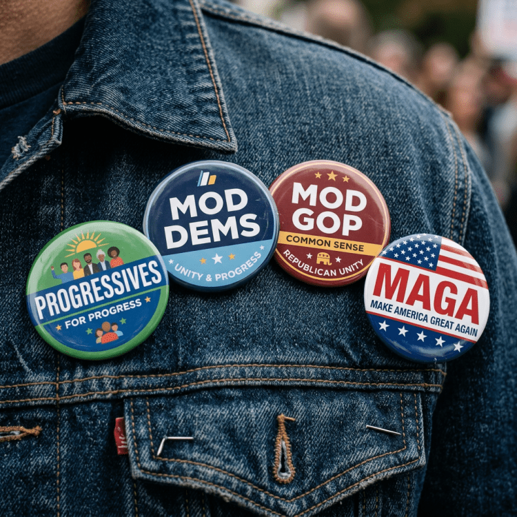 Four political buttons pinned to denim jacket reading Progressives, Mod Dems, Mod GOP, and MAGA