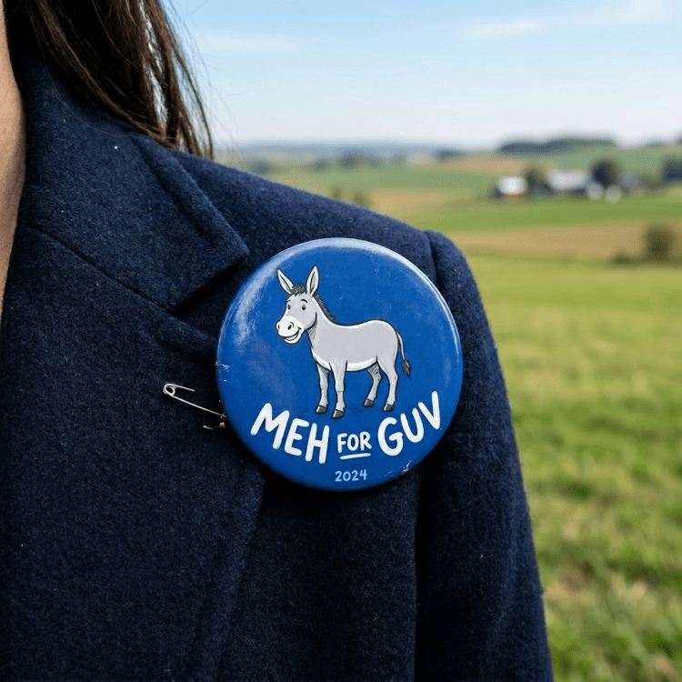 Blue campaign button with a donkey illustration and text 'Meh for Guv 2024' pinned on a dark blue coat