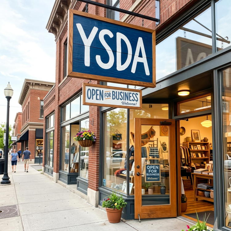 Shop storefront with YSDA sign and open for business signs