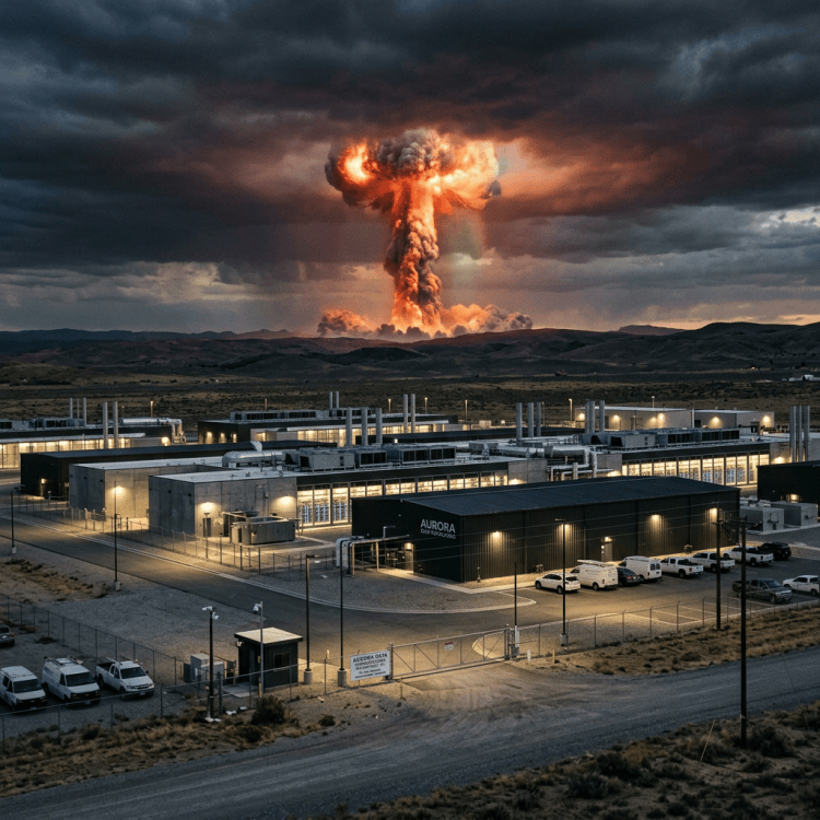Industrial facility with a glowing mushroom cloud rising behind it
