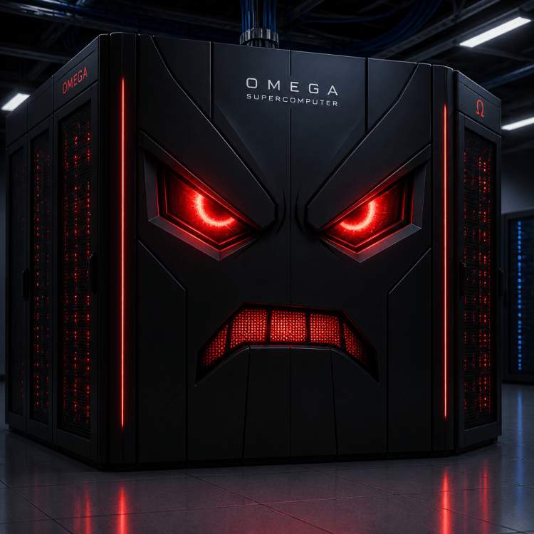 Black Omega supercomputer with glowing red eyes and mouth in a data center