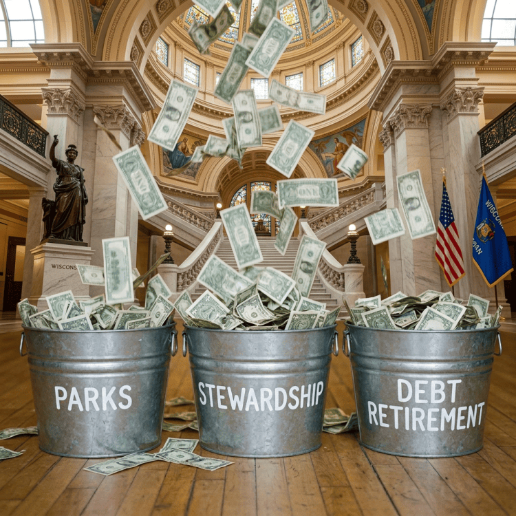 Dollar bills falling into buckets labeled Parks, Stewardship, and Debt Retirement