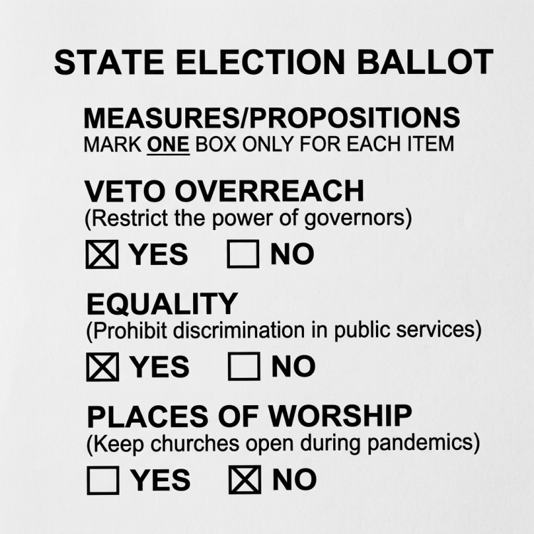 Local election ballot reading “LOCAL ELECTION BALLOT,” with measures on veto override, equality, and places of worship; “VOTE HERE” sign and flags visible.