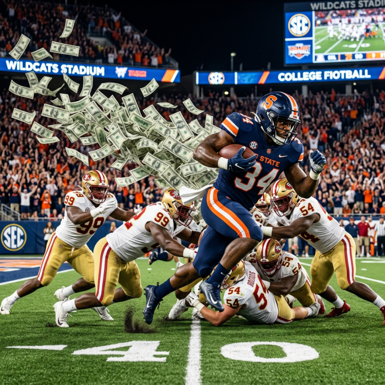 Auburn State football player running past defenders as dollar bills fly
