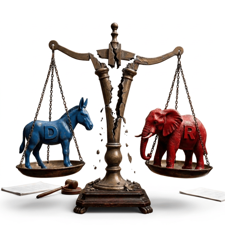 Courtroom balance with blue donkey labeled D and red elephant labeled R